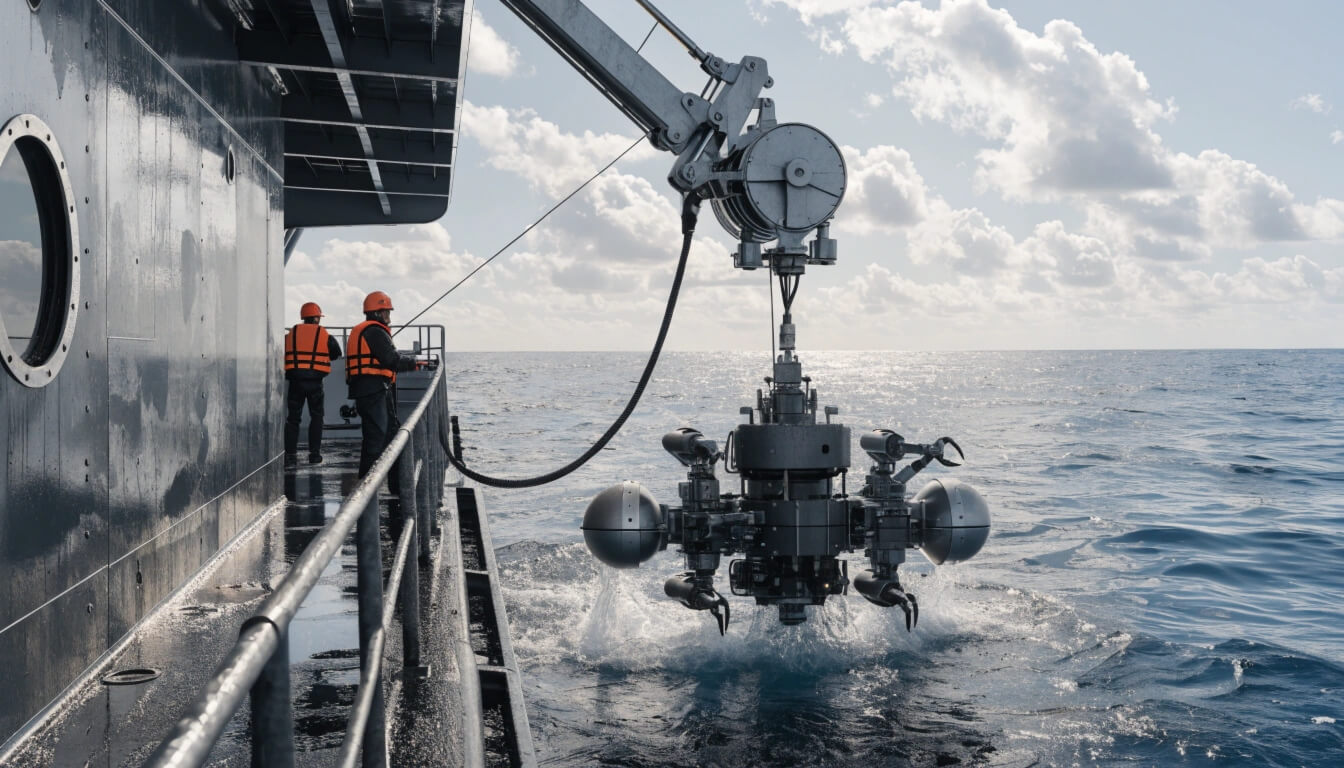 A remotely operated vehicle (ROV) being deployed from a ship
