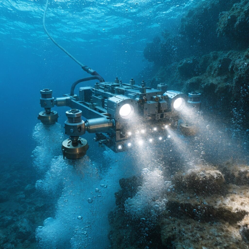 An ROV navigating through murky water with its lights on