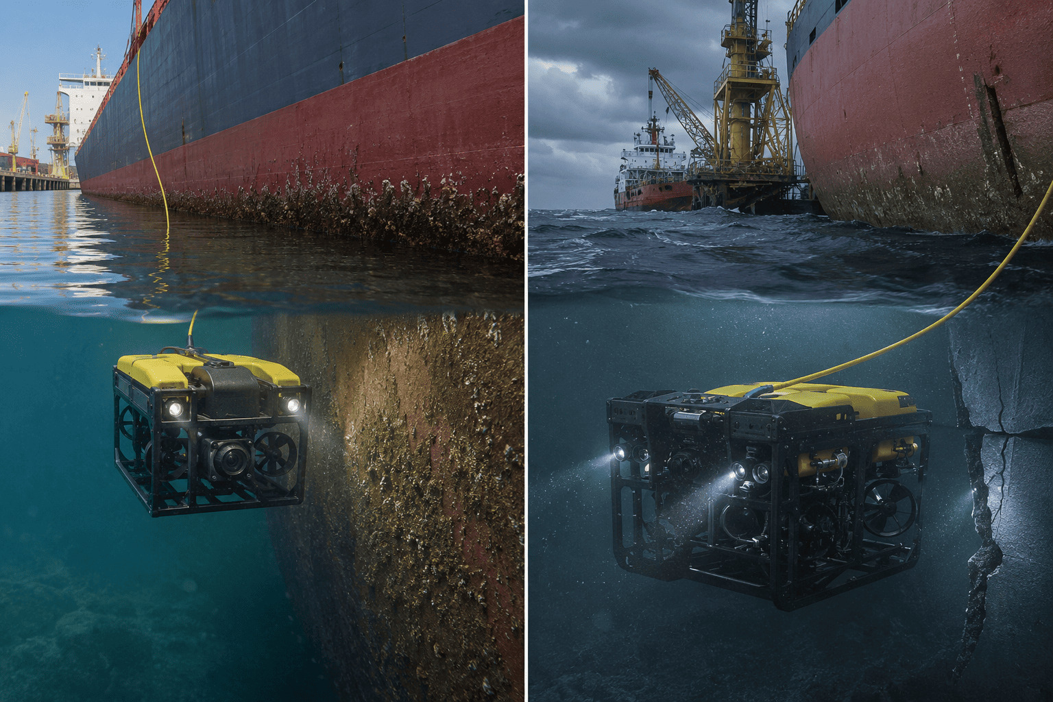 Different Inspection Scenarios for ROVs Split screen showing a calm harbor and rough open water