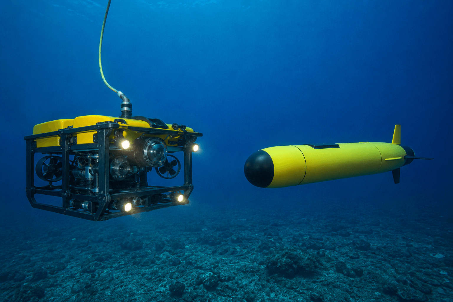 ROV vs AUV Comparison An ROV and an AUV side-by-side underwater