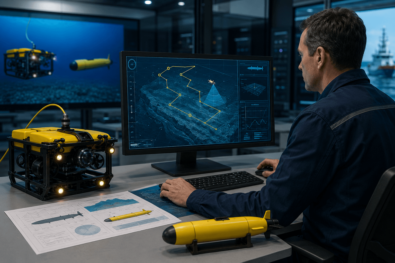 Underwater Mission Planning An engineer planning a mission on a computer screen